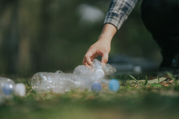 Volunteers collect plastic bottles, put trash in black trash bags to clean the park, avoid...