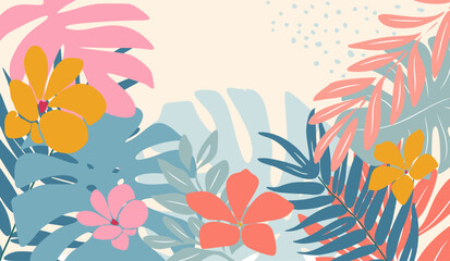 Abstract summer background with tropical leaves and exotic flowers. Vector flat illustration