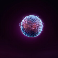 Glowing golf ball with intricate patterns floating in a cosmic environment highlighting vivid colors from the universe. A concept art of a golf ball like a glowing star in a deep space.