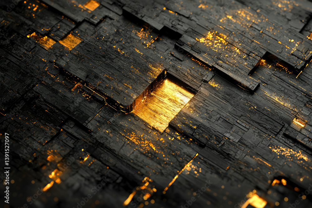 Poster abstract digital art depicting a dark, textured surface with glowing gold accents, creating a futuri