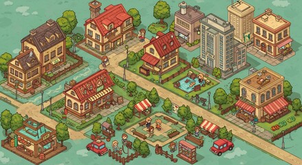 Fototapeta premium Charming Isometric Town Warm Light. AI Generated