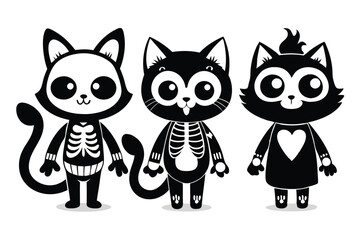 Obraz premium Three Cartoon Cats One Skeleton, One Heart, One Flame. Bold Black Silhouettes