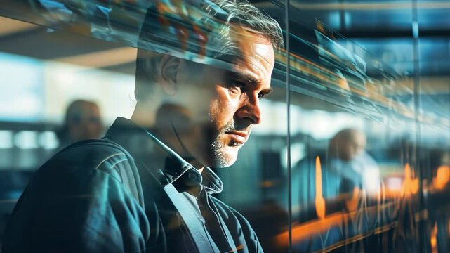 Reflection of Thought: A focused individual stands with a contemplative gaze in a modern setting, highlighting introspection, strategic thinking, and the complexity of modern life.