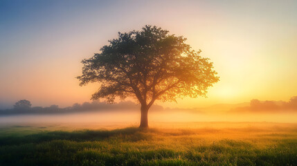 Obraz premium Solitary Tree in a Golden Dawn: A majestic tree stands alone in a misty field, its silhouette stark against a breathtaking sunrise, evoking a sense of serenity and natural wonder.