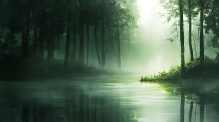 Obraz premium Mist-shrouded Waters and Majestic Trees: The tranquil scene is dominated by a mist-covered lake that mirrors the silhouetted trees on its edge, as sunlight pierces the fog.