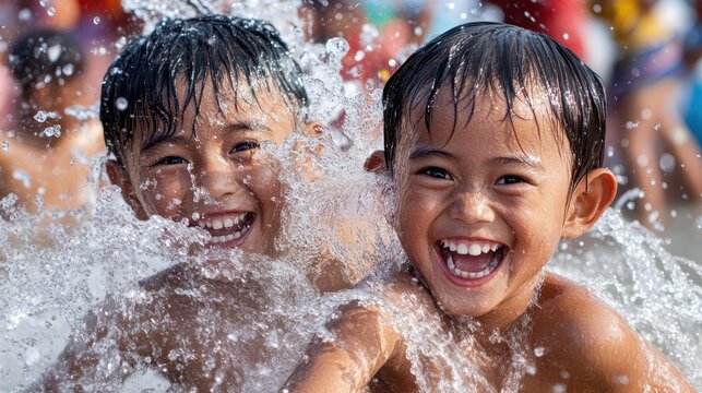Two young boys are smiling while playing in the water