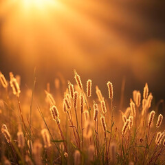 Sunlit Grasses: Golden Glow of Dawn.Radiant morning light illuminating delicate grasses, perfect for uplifting and natural designs.