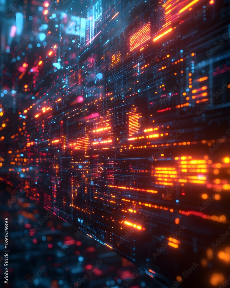 Aufkleber large language model interface with real-time computation analytics, glowing processors, algorithmic