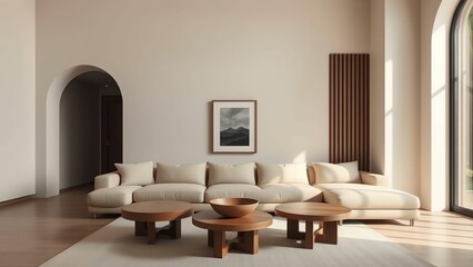 Bright Minimalist Living Room with Beige Sectional Sofa, Round Coffee Tables, and Arched Doorway