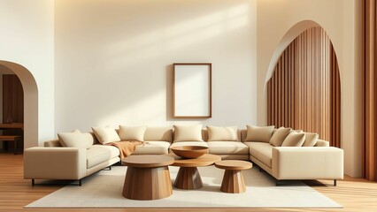 Bright Minimalist Living Room with Beige Sectional Sofa, Round Coffee Tables, and Arched Doorway