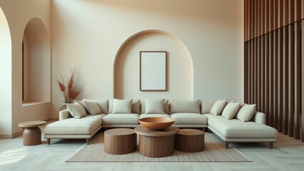 Warm Neutral Living Room with Sectional Sofa, Round Coffee Tables, and Arched Wall Niches