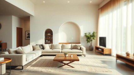 Fototapeta premium Bright Modern Living Room with Beige Sectional, Wood Coffee Table, Arched Niche, and Large Windows