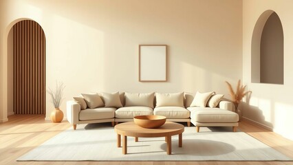 Bright Modern Living Room with Beige Sectional, Round Wood Table, and Multiple Arched Doorways