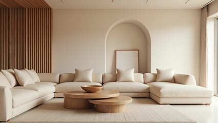 Modern Minimalist Living Room with Beige Sectional Sofa, Round Wood Tables, and Arched Architectural Details