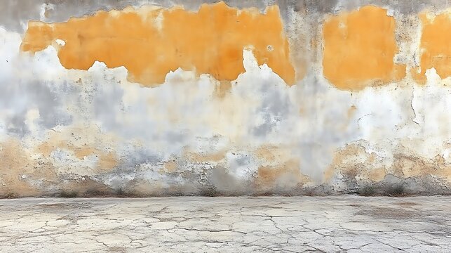 Weathered yellow and grey wall with cracked floor.
