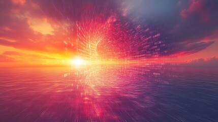 Sunset digital data vortex over ocean.