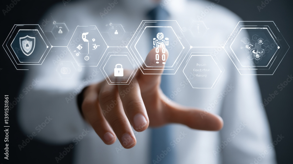 Aufkleber person interacts with digital interface displaying cybersecurity icons, including lock and shield, symbolizing data protection and technology management