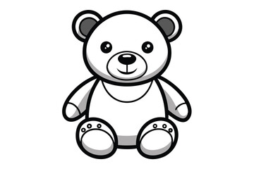 Isolated Black and White Cartoon Teddy Bear Sitting with Smiling Face on White