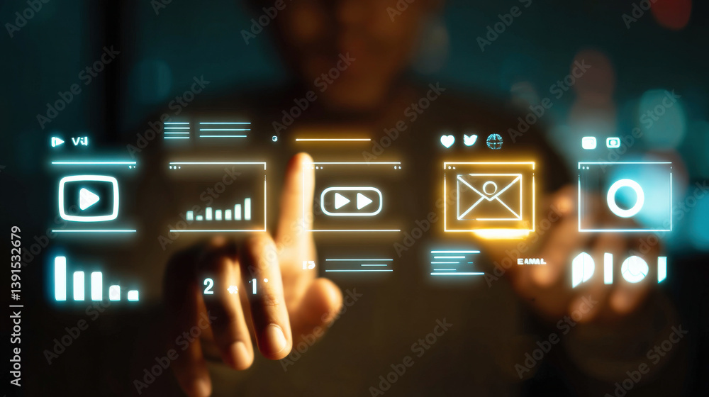 Aufkleber person interacts with digital interface displaying various icons and graphs, symbolizing data analysis and engagement metrics. glowing elements suggest futuristic and innovative approach