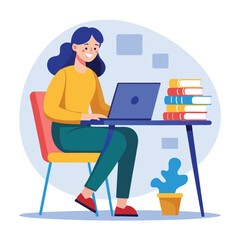 a girl is using his laptop vector