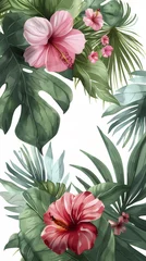 Fototapeten Tropical Floral Arrangement with Watercolor Hibiscus Flowers and Lush Green Leaves on White Background with Botanical Watercolor Painting © xiongku