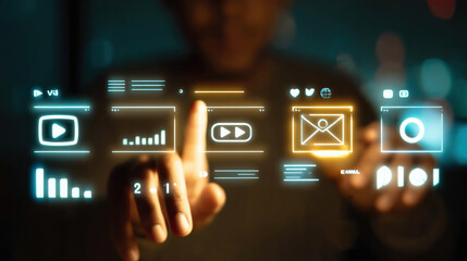 person interacts with digital interface displaying various icons and graphs, symbolizing data analysis and engagement metrics. glowing elements suggest futuristic and innovative approach