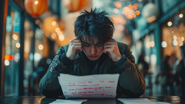 A person looking at a failed test paper with red marks, overwhelmed with disappointment