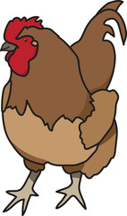 A detailed illustration of a brown rooster with red comb and wattle.