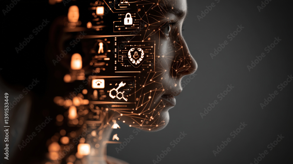 Poster digital profile of human face is protected by multi layered encryption, showcasing security icons and network connections. image highlights cybersecurity and data protection