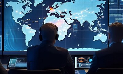Three individuals monitoring global data on a high-tech screen in a modern control room setting - Powered by Adobe