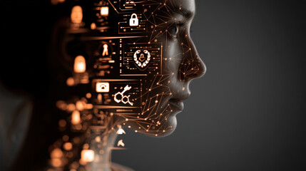 digital profile of human face is protected by multi layered encryption, showcasing security icons and network connections. image highlights cybersecurity and data protection