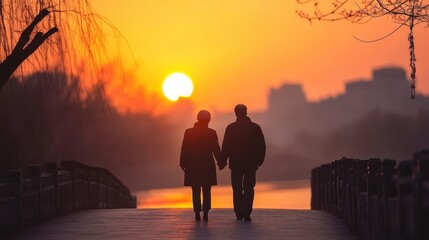Fototapeta premium Two people walking hand in hand during a beautiful sunset