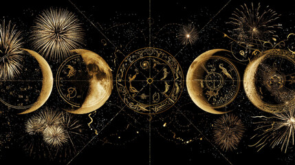 celestial design featuring moon phases and zodiac symbols, blended with golden hues and surrounded by fireworks, creating mystical and celebratory atmosphere