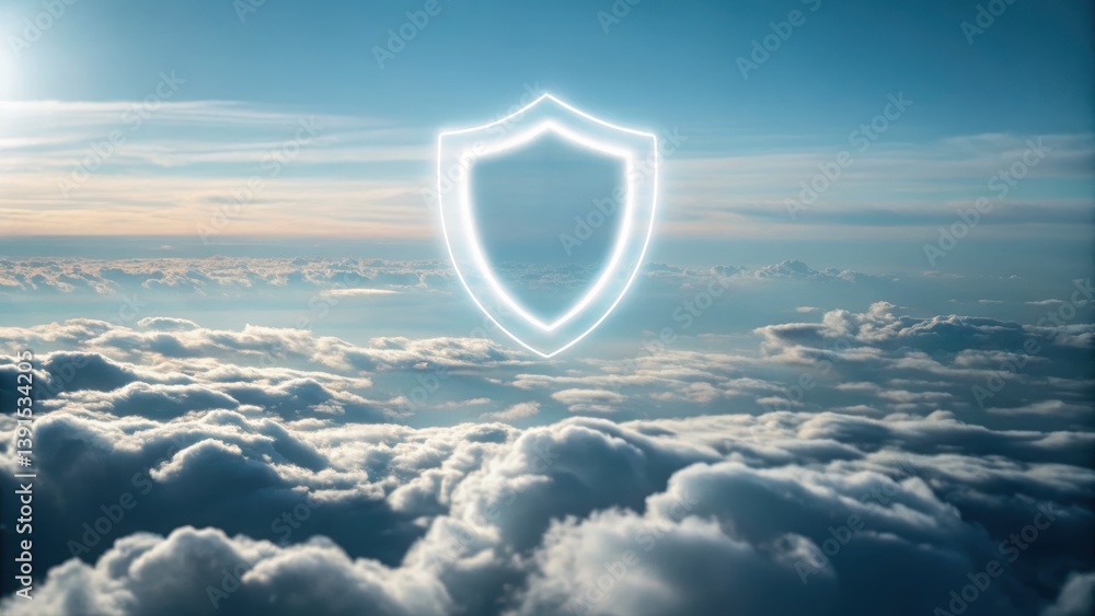 Poster glowing shield icon overlaid on an abstract cloud design representing digital security concept