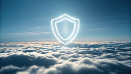 Ethereal glowing shield icon positioned on an abstract cloud background representing protection