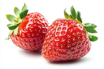 Juicy Strawberry Duo: Two vibrant strawberries, bursting with freshness and visual appeal, captured with photorealistic detail, showcasing the perfect blend of nature's sweetness.