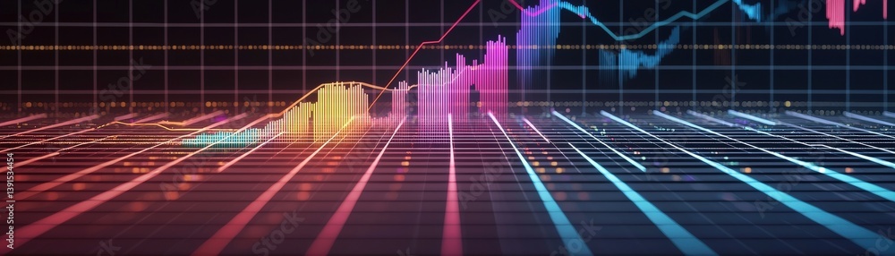 Poster a vibrant, digital representation of a financial graph with colorful data points and lines, illustra