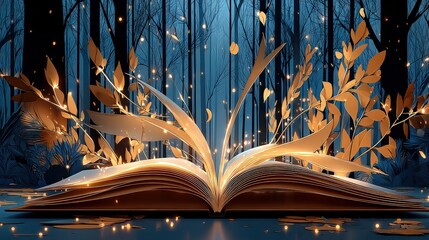 Open Book with Gold Leaves in Blue Forest
