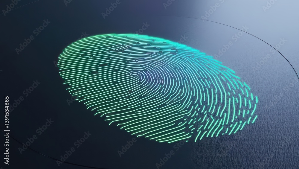 Aufkleber neon light lines forming pulsating abstract digital fingerprint representing biometric security