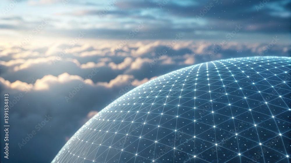 Poster abstract sphere with glowing stars and data particles creating a protective network in space