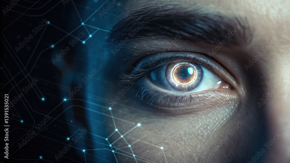 Poster person's eye featuring digital interface and glowing network in background representing perception