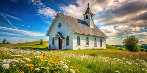 Quaint Countryside Chapel: Small White Church Stock Photo