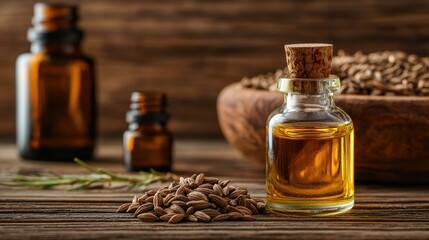 A close-up of essential oil bottles and cumin seeds on a rustic wooden surface.