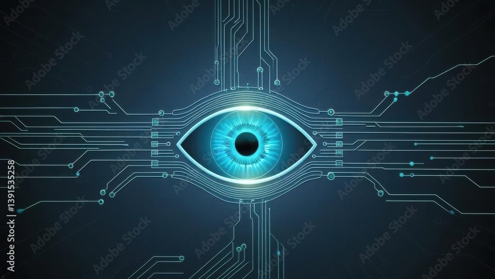 Poster abstract digital eye integrated with circuitry in background and glowing lines in digital space