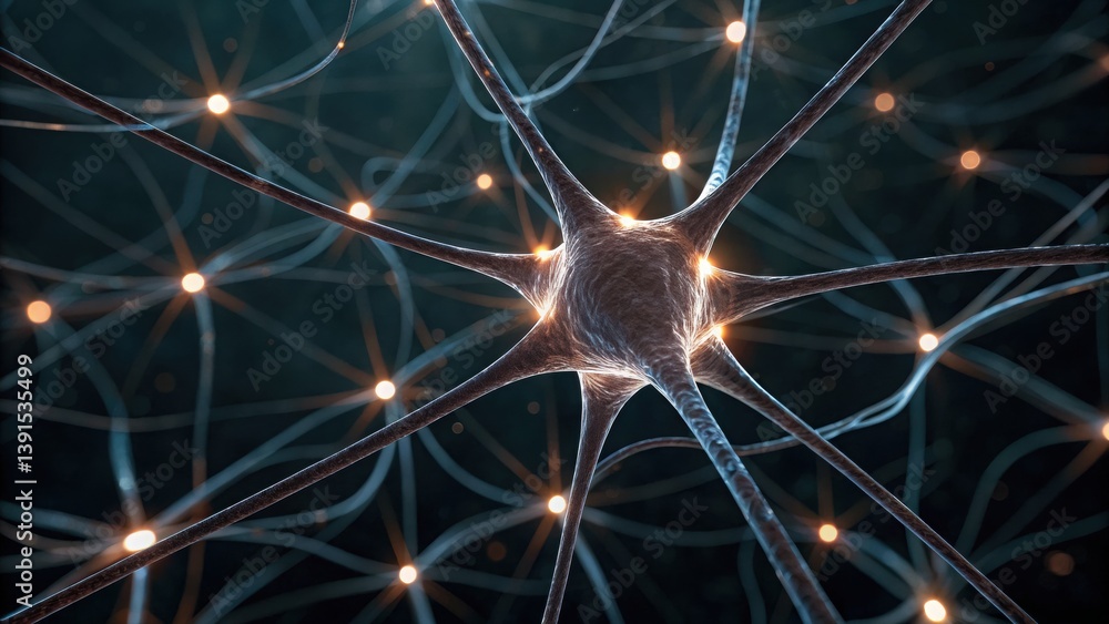 Poster abstract glowing neural network with central obscured node representing a neuron's structure