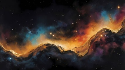 Obraz premium A galactic-inspired gradient painting, where shimmering metallic acrylics create a celestial dance of colors ranging from deep black to fiery gold