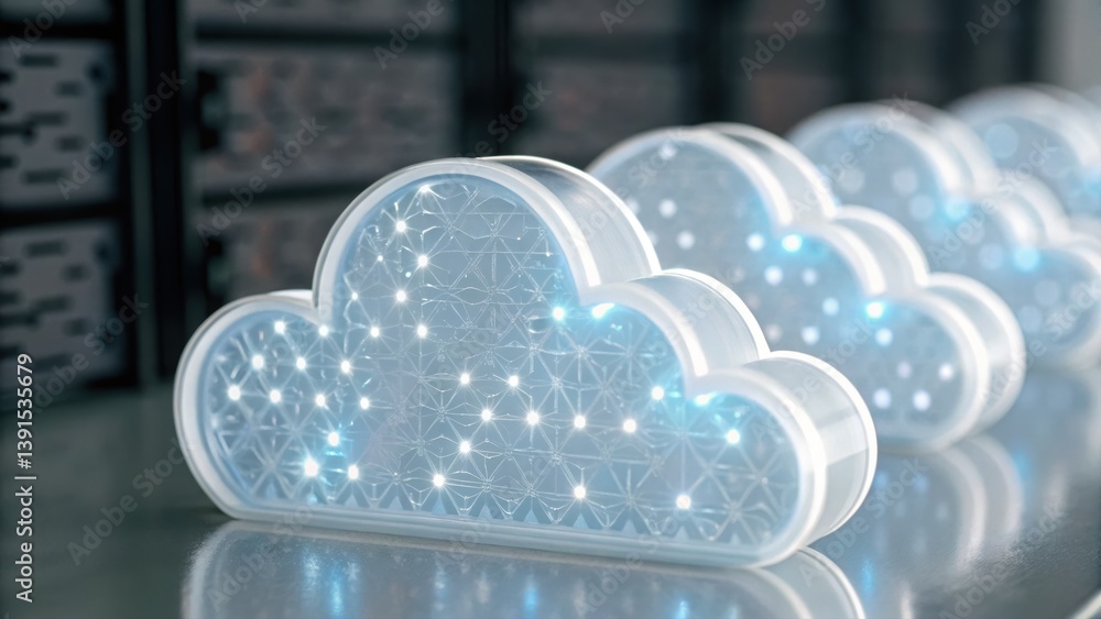 Poster abstract visualization of secure data within a cloud surrounded by brilliant lights and effects