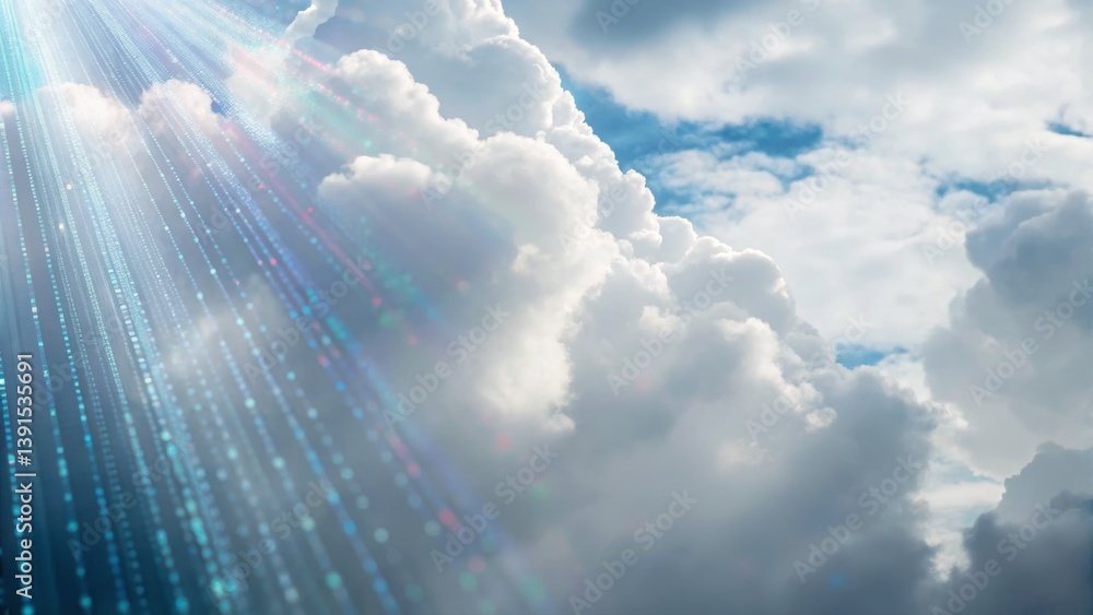 Poster abstract representation of encrypted data flowing through sunlight shining through clouds