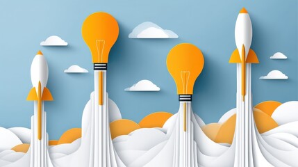 Paper-Cut Illustration of Rockets and Lightbulbs Launching