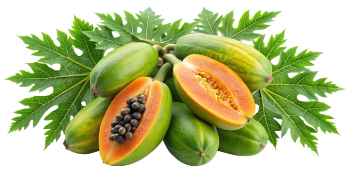 A Group of Fresh Ripe and Unripe Papayas with Lush Green Leaves